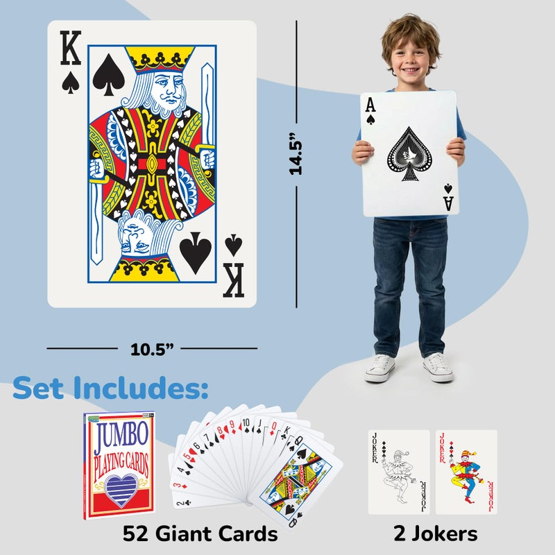 Gamie Giant Poker Jumbo Playing Cards - 10.5 Inches X 14.5 Inches - Extra Large Playing Cards Set with 2 Jokers - Huge Casino Game Cards for Kids and Adults - Oversize Poker Party Decorations - 1 Pack - Image 2